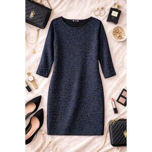 LOFT Women's Leopard Print Wool Sweater Dress Blue Black Knit 3/4 Sleeve Size L